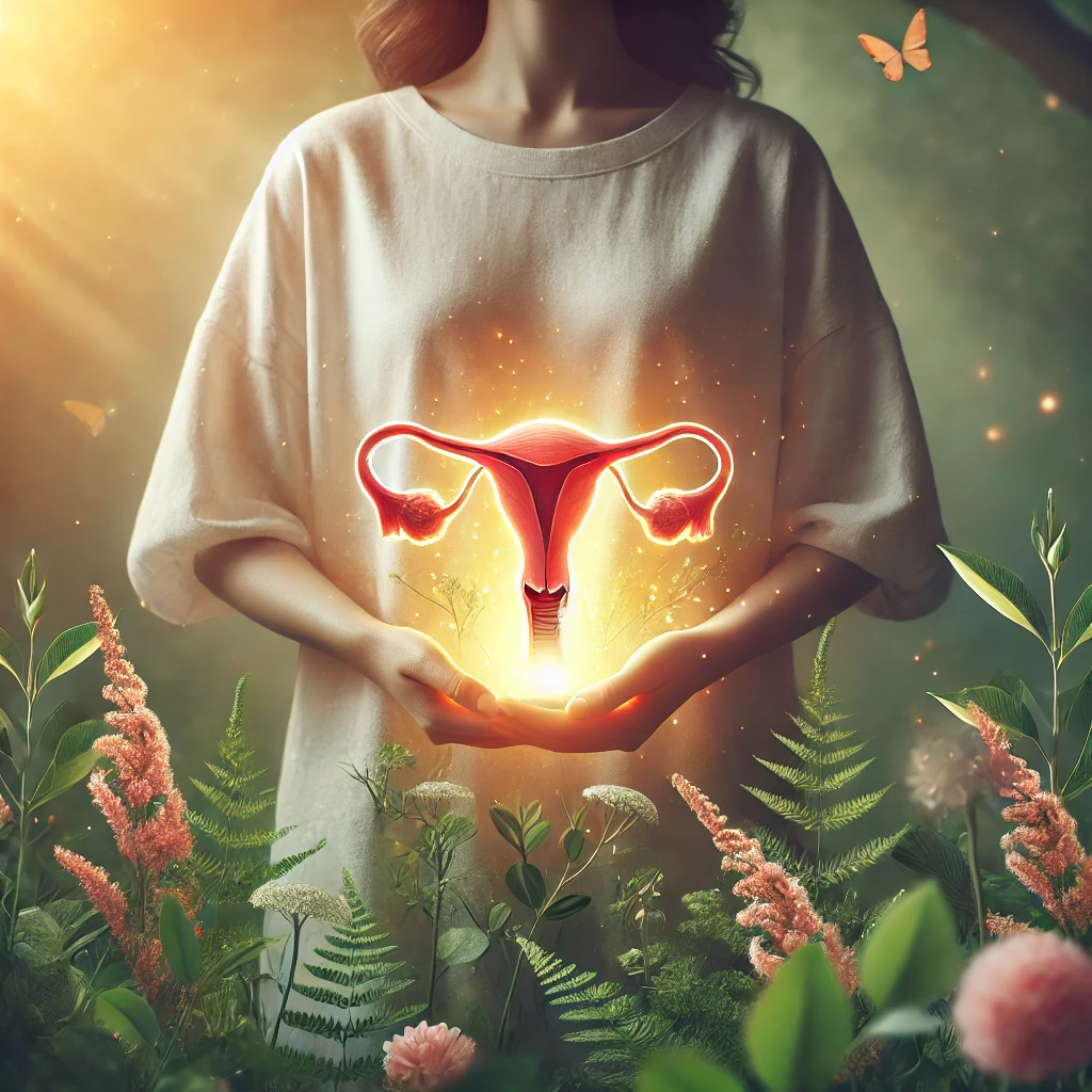 A woman standing in nature holding a glowing representation of a womb in her hands A woman standing in nature holding a glowing representation of a womb in her hands